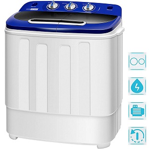 Top Load Compact Portable Washer with washing capacity of 8 lbs. of clothes, while spin side can hold up to 5.5 lbs. of laundry.